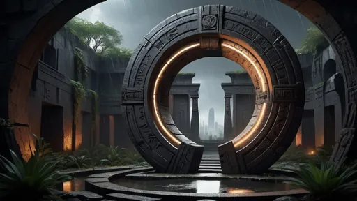 Prompt: magical portal between cities realms worlds kingdoms, circular portal, ring standing on edge, upright ring, freestanding ring, hieroglyphs on ring, complete ring, ancient babylonian architecture, gardens, ruins, turned sideways view, futuristic cyberpunk tech-noir setting, dark night, rain