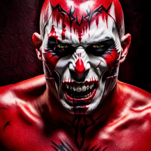 Prompt: Vampire with bloody fangs, Detailed tattoo's, red skull facepaint, Hyperdetailed, Hyper realistic, Photorealistic, Movie Quality