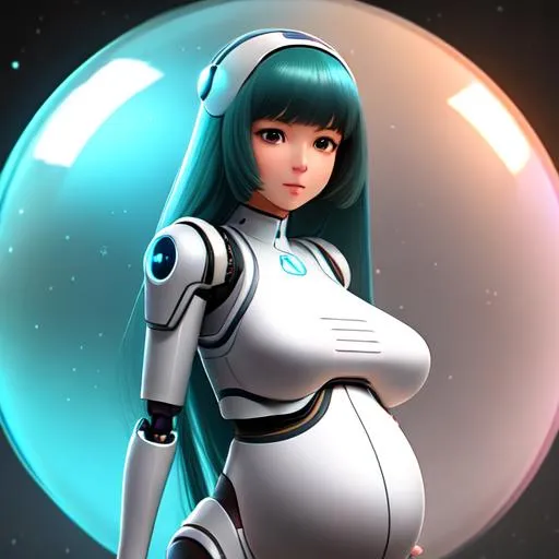 Prompt: Cute pregnant robot girl, long hair, very high quality, very detailed, trending on artstation, transparent belly, anime, Full body character, UHD, 8K, masterpiece, high quality face,