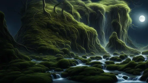Prompt: An ancient mystical forest illuminated by moonlight, with tall trees, moss-covered rocks and a small clear stream, based on a fantasy novel, high resolution, high detail