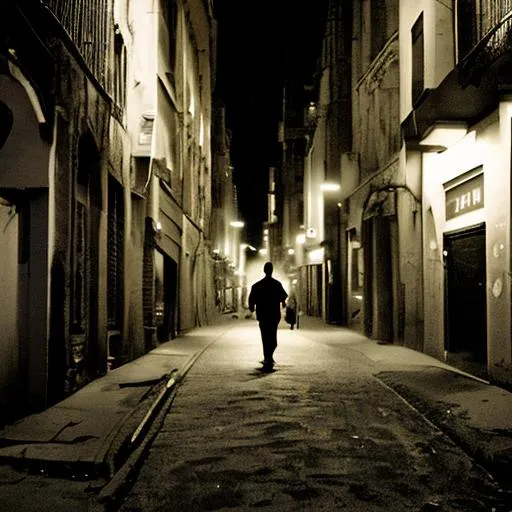 Prompt: walking in dark street. alone one man in midnight. 
no light in the street just some fades.