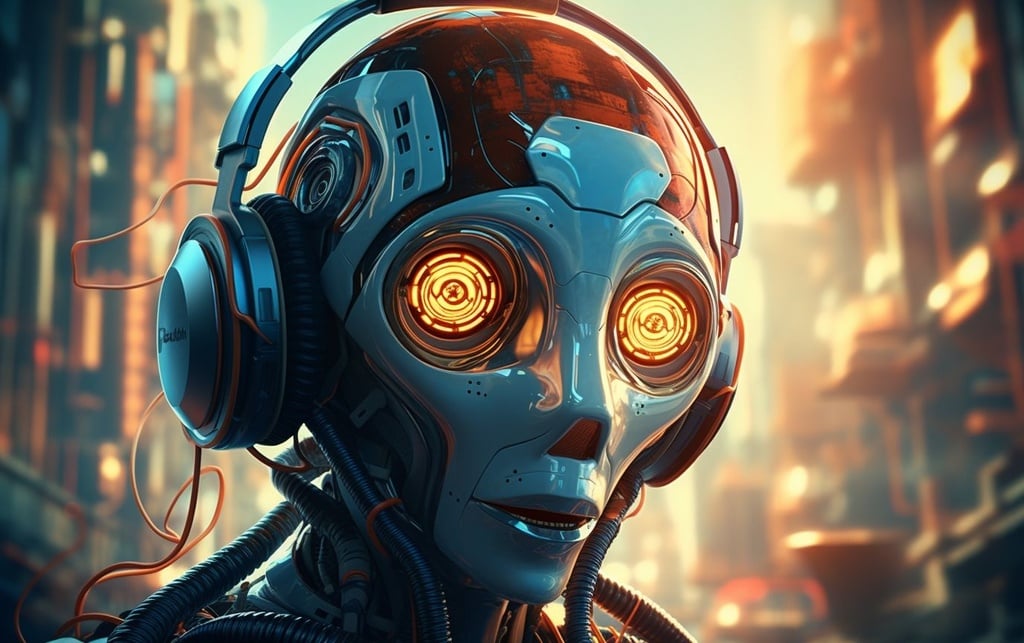 Prompt: a big robot with earphones and a camera, in the style of beeple, shiny eyes, brothers hildebrandt, cyril rolando, close up, bulbous, octane render