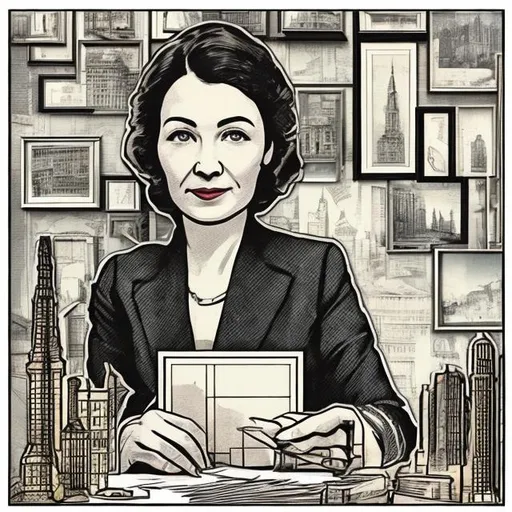 Prompt: An image of a woman architect, in the style of an old black and white postcard. The woman leans over papers, sitting at a desk. You can see some pictures frames hanging on the wall behind her, showing sky scrappers.