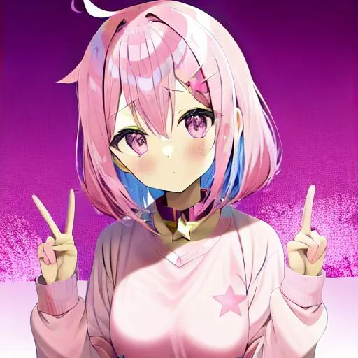 Prompt: Anime girl, peace sign, pink, cute, star hair clip, hair clip, kawaii, cute, anime, girl, star, collar, pink sweater, pastel