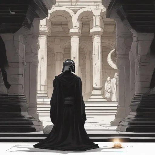 Prompt: A devaronian dark jedi in black robes.
He has a broken Horn.
He is in meditation. In background a ancient building.
Star wars art. Rpg art. 2d. 2d art. Well draw face. Detailed. 