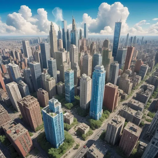 Prompt: a city with lots of tall buildings and a blue sky with clouds in the background and a few clouds in the sky, David LaChapelle, ecological art, matte painting, a detailed matte painting