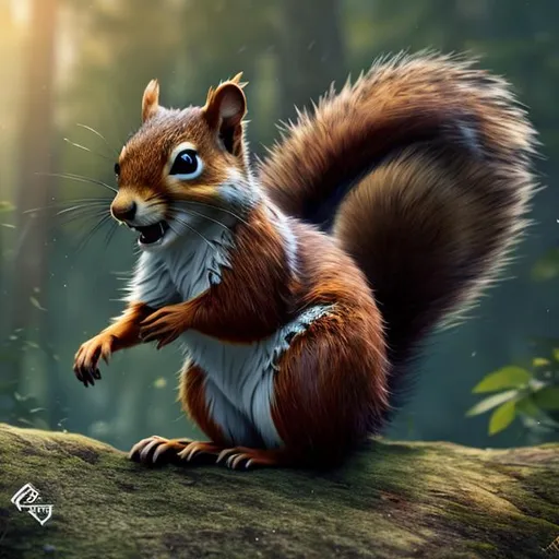 Prompt: a playful and energetic squirrel with a bushy tail that seemed to have a life of its own. Zephyr's nimble movements and sharp senses made him the perfect scout, alerting the group to any oncoming danger, 8k, details of details, epic environment, standing on his legs, full body.
