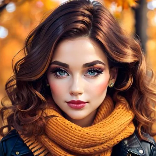 Prompt: Girl, Pretty makeup and stylish hair, autumn colors, facial closeup