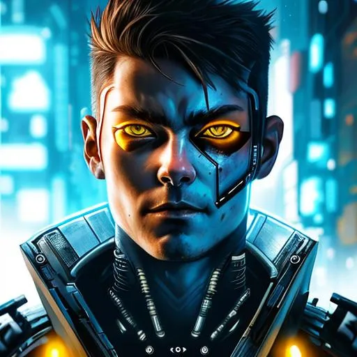 Prompt: Cyberpunk man warrior with natural yellow-blue eyes, high quality, photorealistic, realistic lighting