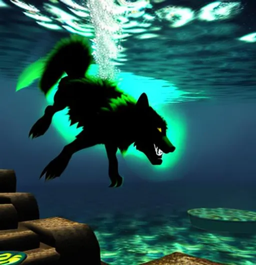 Prompt: Werewolf swimming underwater