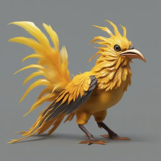 Prompt: Phoenix Pet, a fish-like yellow feathered bird, in macro realism style, best quality, masterpiece
