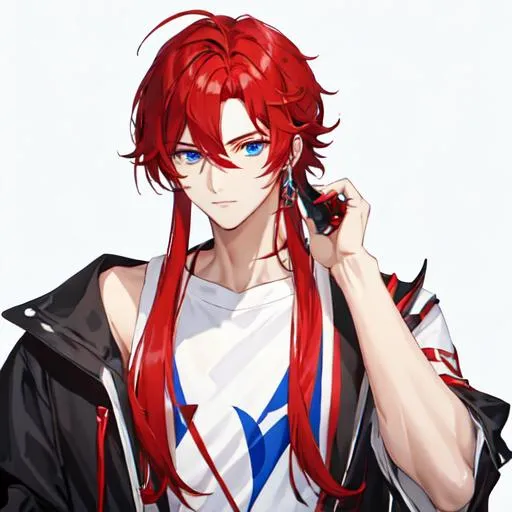 Prompt: Zerif 1male (Red side-swept hair covering his right eye, blue eyes) casual outfit