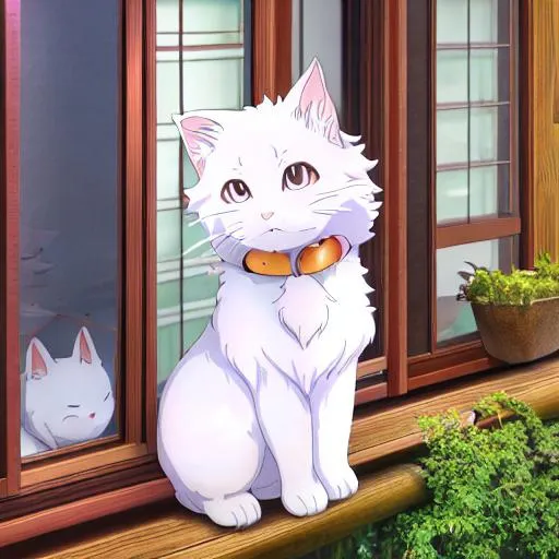 Prompt: Studio ghibli anime style, vivid colours, HDR, White fluffy kitten named Snow with a pale yellow collar, Sitting on a windowsill looking outside, Hyper realistic  