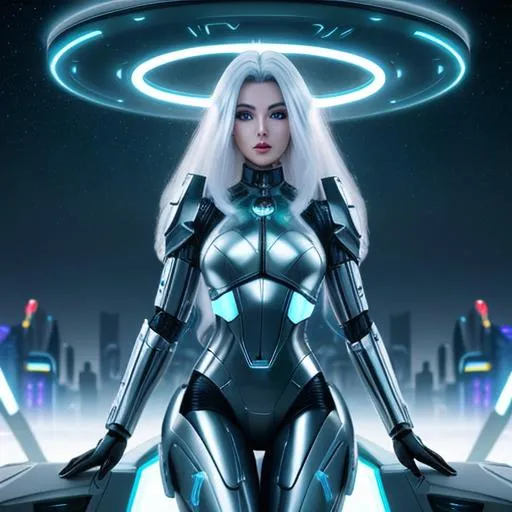 Prompt: Create a high-quality professional image of a futuristic android woman, her hair are a metallic piece short vivid platinum. Her skin is made of metal and plastic. She's riding a futuristic robotic android horse. She's on a futuristic landscape showing an utopic city. A giant white neon circle behind her.

heavenly beauty, 8k, 50mm, f/1. 4, high detail, sharp focus, perfect anatomy, highly detailed, detailed and high quality background, oil painting, digital painting, Trending on artstation, UHD, 128K, quality, Big Eyes, artgerm, highest quality stylized character concept masterpiece, award winning digital 3d, hyper-realistic, intricate, 128K, UHD, HDR, image of a gorgeous, beautiful, dirty, highly detailed face, hyper-realistic facial features, cinematic 3D volumetric, illustration by Marc Simonetti, Carne Griffiths, Conrad Roset, 3D anime girl, Full HD render + immense detail + dramatic lighting + well lit + fine | ultra - detailed realism, full body art, lighting, high - quality, engraved, ((photorealistic)), ((hyperrealistic))