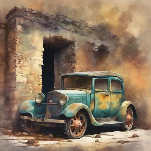 Prompt: an old car emerged from inside the wall, illustration, painting color