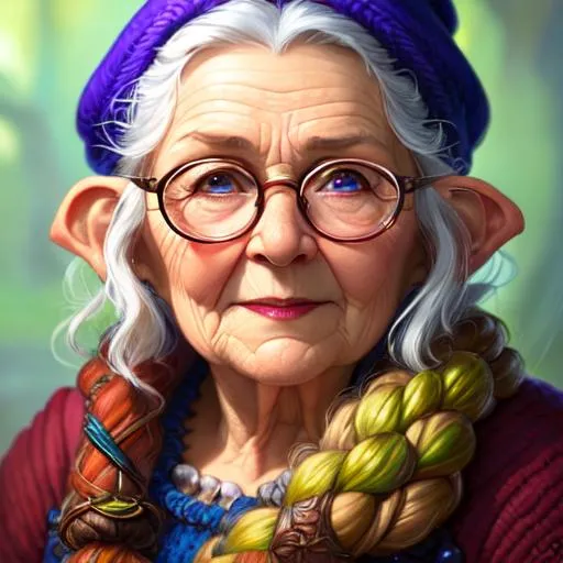 Prompt: Three-quarters portrait of gnome rogue old lady with knitting needles as daggers, glasses, fantasy, highly detailed, digital painting, art by Stanley Lau and Artgerm and magali villeneuve and Alphonse Mucha, artstation, octane render, cgsociety, HDR, UHD, 64k, best quality, best quality, masterpiece:1.5)
