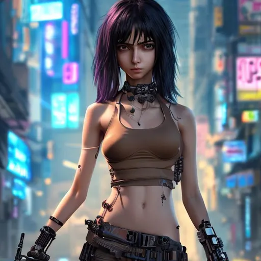 Prompt: 4k high resolution cgi anime cyberpunk style, 35 year old petite indian female, bare belly and low cut halter top, 34D chest, light brown eyes, holding a dagger in a cybernetic hand