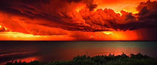 Prompt: Orange sky with giant stormy clouds