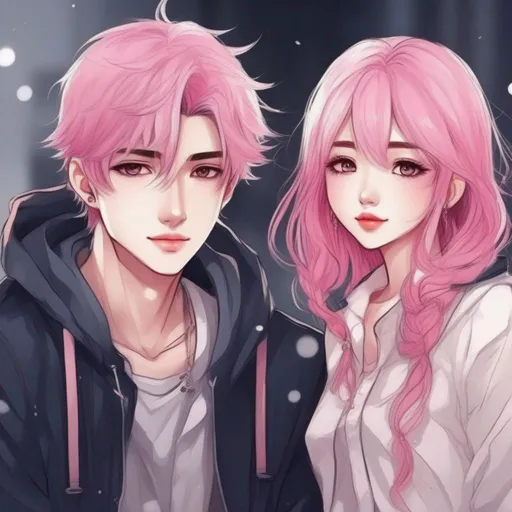 Prompt:     anime boy manhwa style cute and pretty, with eye pretty detailed , with pink hair,  Bright style, With his partner a girl, Korean style