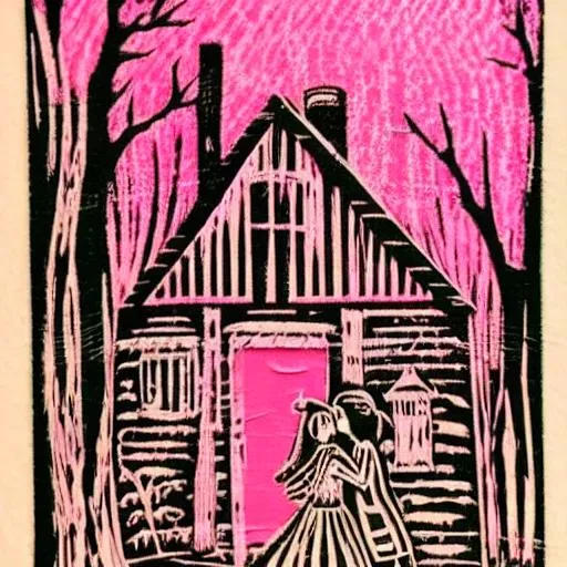 Prompt: Woodcut linocut pink and orange cottage fairytale forest couple