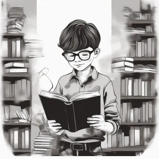 Prompt: a boy with glassess reading a book illustration