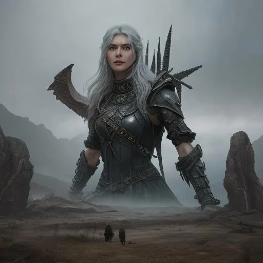 Prompt: Realistic looking ancient dystopian landscape, heavy mist, random abstract mythical landscape, magical portal opening in the background, fighting Satan with a magical weapon,


Depicting a female Fantasy Dhamani, an exquisite portrayal of an exotic, gorgeous, slender, random colored hair, random hair style, random hair length, ultra realistic young adult woman, wearing a heavy iron collar,

Gorgeous perfectly detailed facial features, long legs, sumptuous perfect body, ultra pale, visible midriff, random pose, random weapon,

Perfect studio lighting, perfect shading, Professional Photo Realistic Image, RAW, artstation, splash style dark fractal paint, contour, hyper detailed, intricately detailed, unreal engine, fantastical, intricate detail, steam screen, complimentary colors, fantasy concept art, 64k resolution, deviantart masterpiece, splash arts, ultra details, Ultra realistic, hi res, UHD, complete 3D rendering.