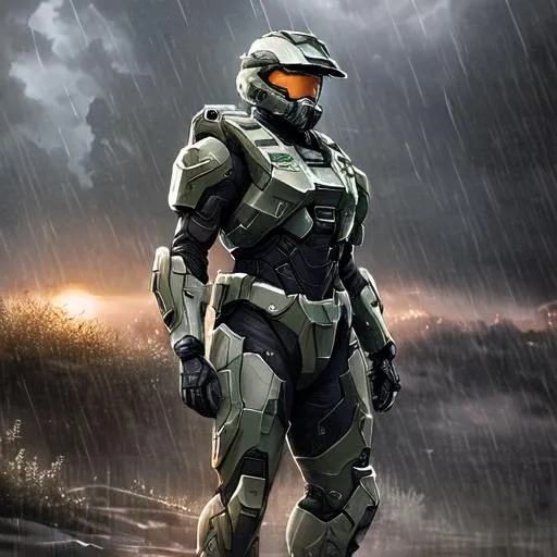 Prompt: Professionally illustrated art of a marine from Halo standing in the rain, intricate details, full-body portrait, headshot, HDR, 64K, highly detailed, bright sun rays, best version, handle bar mustache