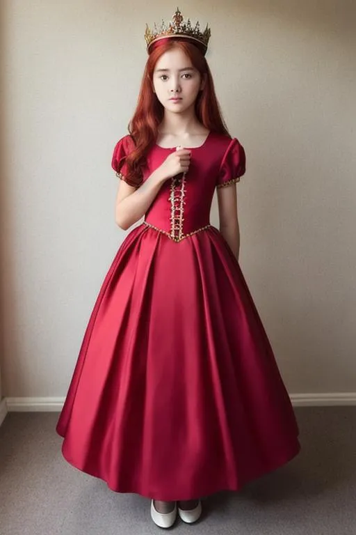 Prompt: Girl 17yo, Queen dress, Queen crown, red hair,
