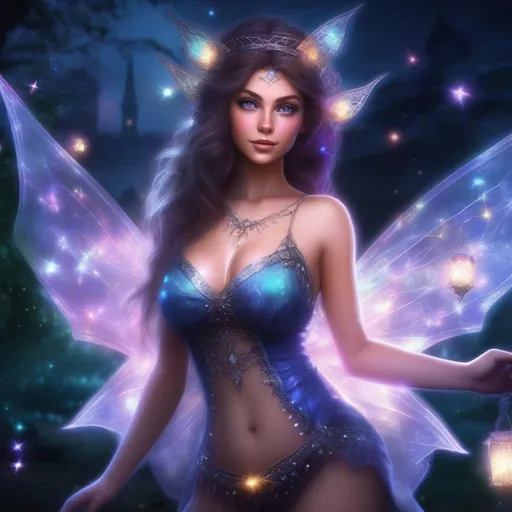 Prompt: hyper realistic, beautiful, stunningly full body form of a bright eyed, buxom woman, in a fairy witch outfit that is glowing, sparkly, sheer,  and skimpy on a breathtaking night with flying sprites around.