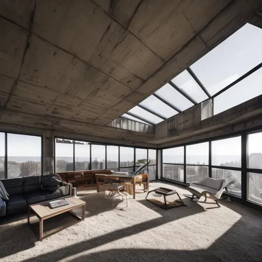 Prompt: cozy brutalist architecture with furniture and lots of natural light coming from skylight

