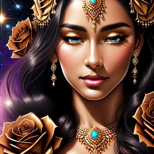 Prompt: Cosmic Epic Beautiful goddess, facial closeup, gold jewelry and roses