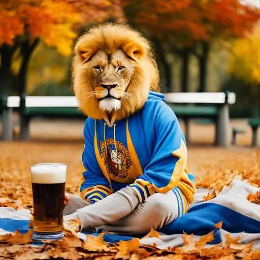 Prompt: smiling lion sipping from a pint of beer wearing a gold and blue track suit relaxing at a picnic table in a park with fall foliage