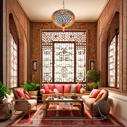 Prompt:  3d unreal high-quality render, traditional Iranian interior design, colored windows