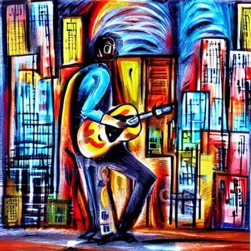 Prompt: A man playing guitar under a bridge in a big city setting in love with himself and the universe while music 🎶🎶🎶 play next to his guitar abstract art realistic image realism detailed 