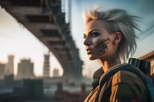 Prompt: Beautiful female semi-cyborg in post apocalyptic cityscape