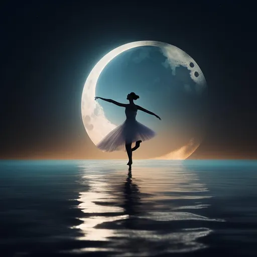 Prompt: a dancer dancing in the moonlight on a stage made of clear water , shows reflection of moon, moon at background