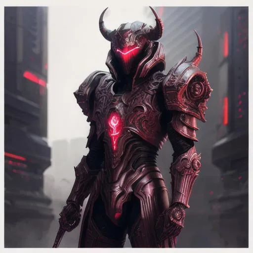 Prompt: In futuristic Demonic crimson Armor, Full HD render + immense detail + dramatic lighting + well lit + rgb, character sheet, + fine esoteric symbolism | ultra - detailed realism, soft cinematic lighting, high - quality, engraved | highly detailed |digital painting, artstation, concept art, smooth, sharp focus, Nostalgic, ethereal, cyberpunk, 8k, hyper detailed, intricate detail, photorealistic, cyberpunk universe 
