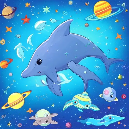 Prompt: Space dolphin, fish, stars, planets, see ocean cartoon
