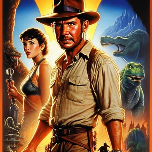 Prompt: Make a Drew Struzan Movie Poster for 'Indiana Jones and the Valley of Dinosaurs'