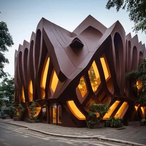 Prompt: A dark brown building with 5 sections shaped like an hand bag with bright surrounding and a touch of nature