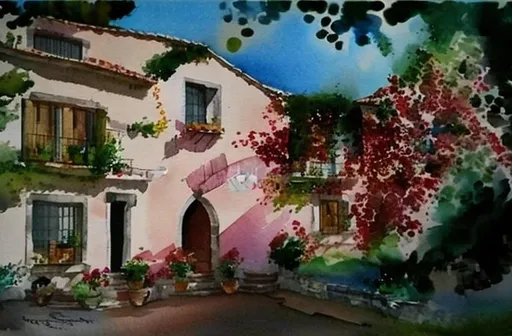 Prompt: To create an aquarelle illustration from this photo with the Spanish house