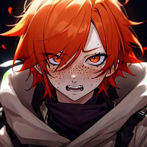 Prompt: Erikku male (short ginger hair, freckles, right eye blue left eye purple) UHD, 8K, Highly detailed, insane detail, best quality, high quality.