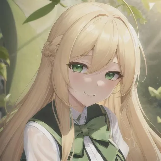 Prompt: Anime girl with long blonde hair and green eyes wearing see-through white school uniform and light yellow skirt and is outside tall and mature smiling four-leafed clover angel butterfly outside face close-up smiling gentle ultra high quality 4k 16k movie cinematic graphic