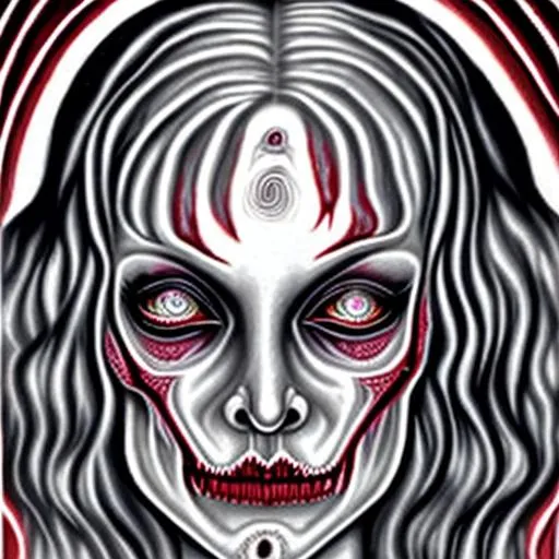 Prompt:  In the style of Alex Grey, a dead woman, Gray hair with blood stains, Gray-colored eyes, haunting look, sharp teeth, art deco style