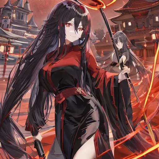 Prompt: ANIME | Mature young black long hair female with plain ruby eyes and a smile on her face, she's in a black suit of armor. She wears a halo of light, peach colored skin.

With a scythe being unsheathed on her hip by her.

She has an aura of red fire.

The background is a castle with the moon in the back. glowing green spirits surrounding her.

Detailed, Defined colors, Sharp lines, Full body

