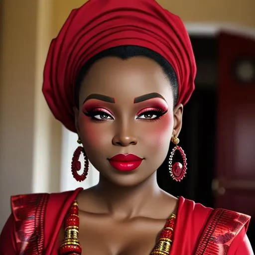 Prompt: Ruby lady-African lady all in red, pretty makeup, elegant, nice clothes, facial closeup