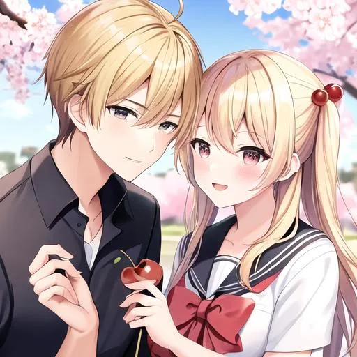 Prompt: Caleb and (Haley, blonde hair,  wearing a Japanese school uniform) on a date at the park, kissing, under the cherry blossom trees
