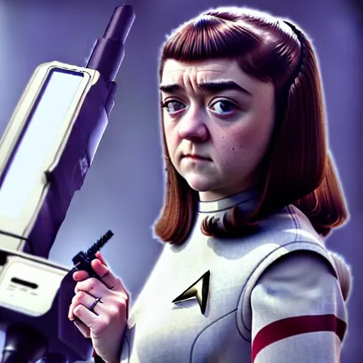 Prompt: realistic photo image of beautiful Maisie Williams dressed as a 60's Star Trek nurse, high quality photo still, Enterprise command chair, holding a tricorder or a phaser