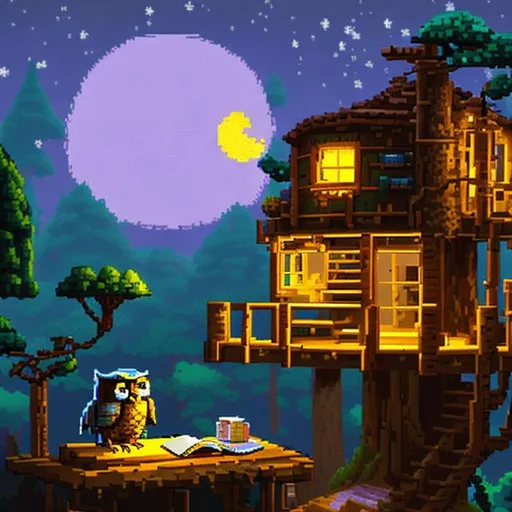 Prompt: 8bit adolescent owl in a cozy treehouse room doing homework in the moonlight.