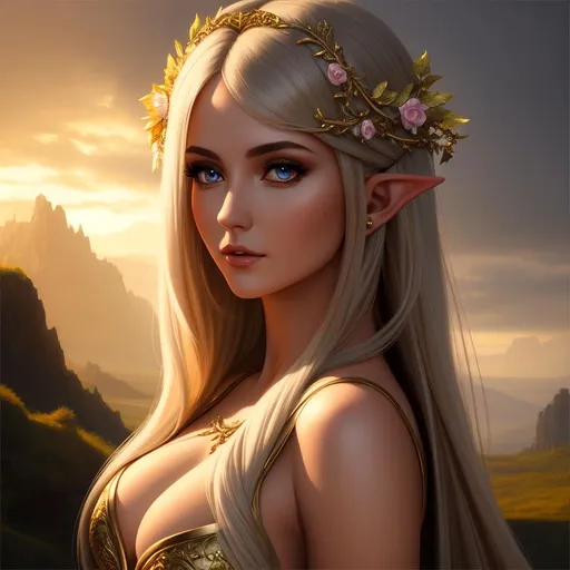 Prompt: Oil painting, Chiaroscuro, landscape, UHD, 8K, highly detailed, panned out view of the character, visible full body, a hyperdetailed mage elven woman, hyperdetailed long fantasy hair, masterpiece, hyperdetailed full body, hyperdetailed feminine attractive face and nose, complete body view, ((hyperdetailed eyes)), perfect body, perfect anatomy, beautifully detailed face, alluring smile, ((fantasy_gown1.3)), small chest